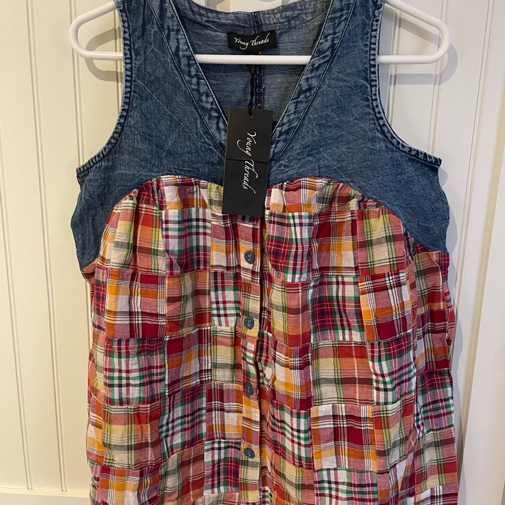 Young Threads Denim Plaid Button-Front Tank Top NWT Medium